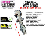 MISTER HITCHES Tow Ball 3500kg, LONG SHANK 50mm, Chrome, 7/8" x 80mm Shank